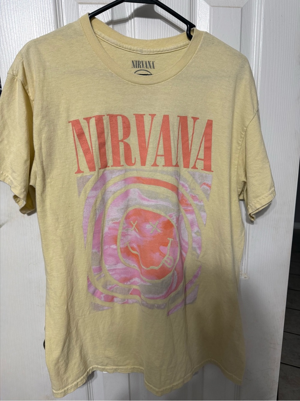 NIRVANA Yellow Tee with Pink & Coral Graphic